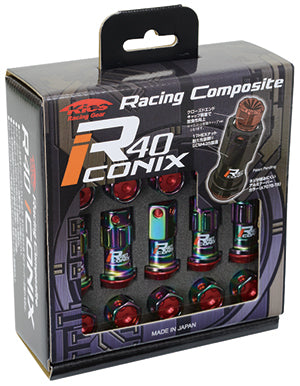 Project Kics R40 Iconix Extended Lug Nuts M12x1.5 Aluminum Cap w/ Locks -  Neochro / Red